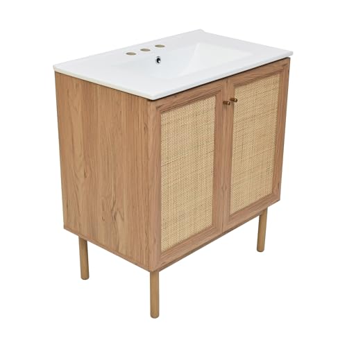 Image of Swiss Madison Classe 30 in. Brown Oak Bathroom Vanity with White, 3-Hole Ceramic Sink Top
