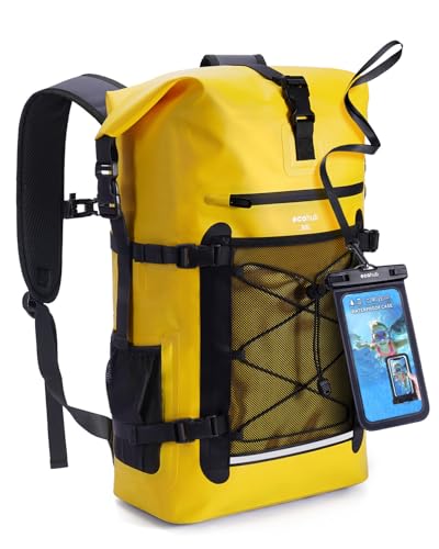 ECOHUB Waterproof Backpack for Women Men, 30L Roll-Top Closure Heavy Duty Dry Bag for Travel Kayaking Boating Hiking Floating with IPX8 Waterproof Phone Case (Yellow)