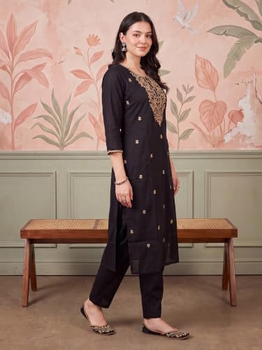 Image of INDO ERA Women's Silk Blend Geometric Embroidered Thread Work Kurta & Pant Set | Co Ord Set For Women Stylish