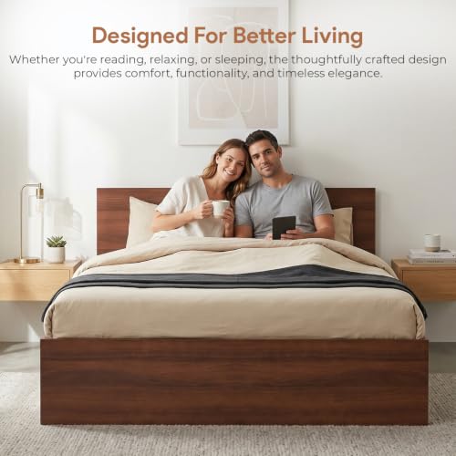 Image of FURNIFLIX Queen Size Engineered Wood Bed with Box Storage - Walnut Finish