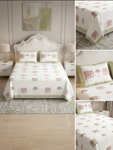 Image of DE CAMA Since 1997 | 100% Cotton 300 TC Premium King Size Bedsheet for Double Bed (108 x 108 Inch) with 2 Pillow Covers Set (17 x 27 Inch) | Traditional Jaipuri Printed Set - White & Pistachio