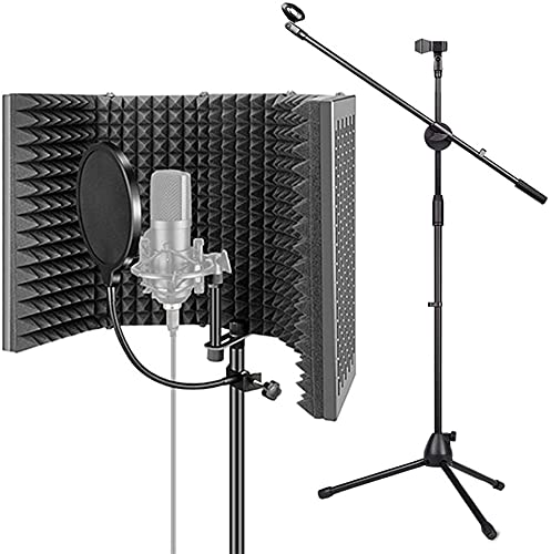 Fotoconic Studio Recording Microphone Isolation Shield with Adjustable Stand and Pop Filter, High Density Absorbent Foam is Used to Filter Vocal