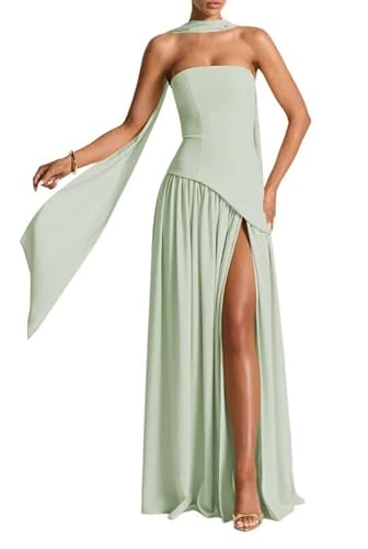 vintys Women's Strapless Sage Green Satin Prom Dresses with Scarf Halter Chiffon Bridesmaid Dress Maxi Formal Evening Dress with Slit Size 26