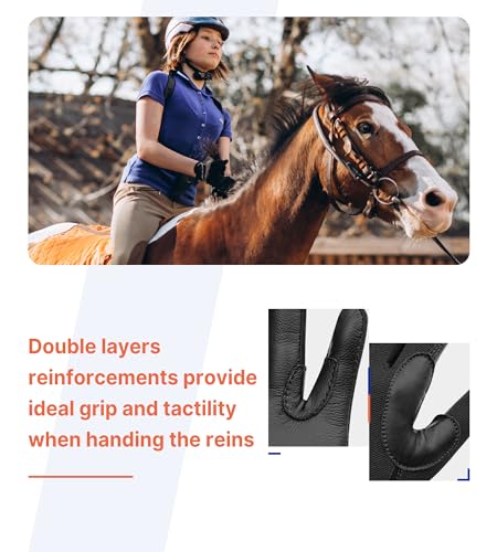 ChinFun Kids Leather Insulated Horse Riding Gloves Breathable Children Equestrian Gloves Anti-Slipping Horseback Mitts Black M - Thumbnail 4