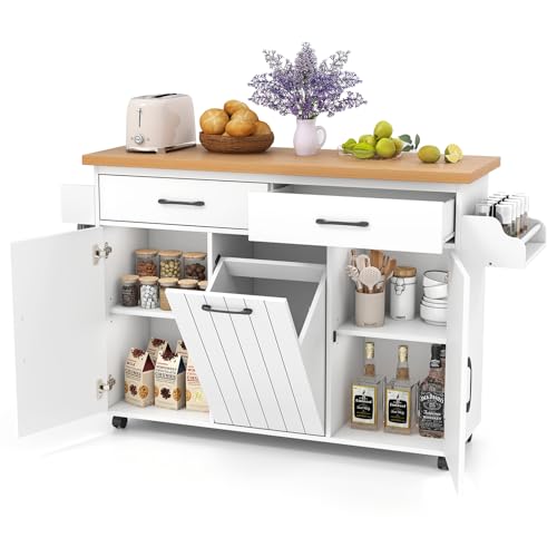 COSTWAY Kitchen Island with Trash Can Storage, Mobile Kitche