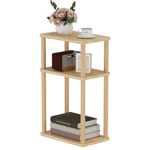 LUCKNOCK Solid Wood Side Table, 3-Tier Small End Table, Narrow Couch Side Table with Storage Shelf, Narrow Nightstand Bedside Table for Small Spaces, Bedroom, Living Room, Farmhouse, No-Tool Assembly.