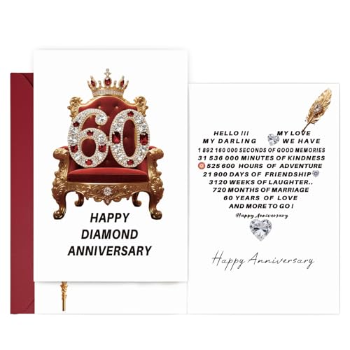 60th Anniversary Card,60th Wedding Anniversary Day Gifts for Couples, Happy Diamond Anniversary Card Double-Sided with Envelope, Romantic Keepsake for Husband Wife