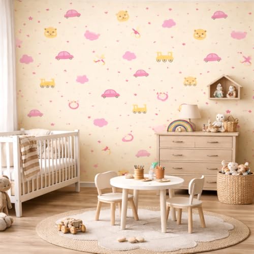Image of Pink Baby Cartoon Theme Peel & Stick Wallpaper | Self Adhesive Nursery Wall Decor | Cute Kids Room Wallpaper 16 x 144 Inch
