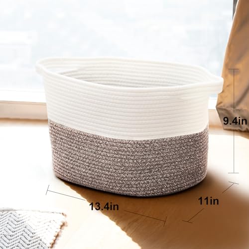 Vazpalas Blanket Storage Basket for Dog Toys, Woven Laundry Bathroom Cube Baskets with Handles for Kids Toy Decor, Big Fabric Rope Cotton Organizer Baskets Blanket Bin, White/Brown