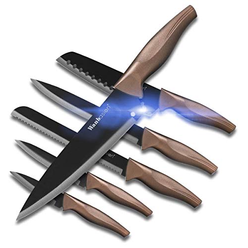 6 Pieces Matte Black Titanium Plated Knife Set Stainless Steel Forged Kitchen Knife Set Sharp Professional Knife Set with Sheath, Scratch Resistant And Rust Proof, For Chef Cooking Cutting
