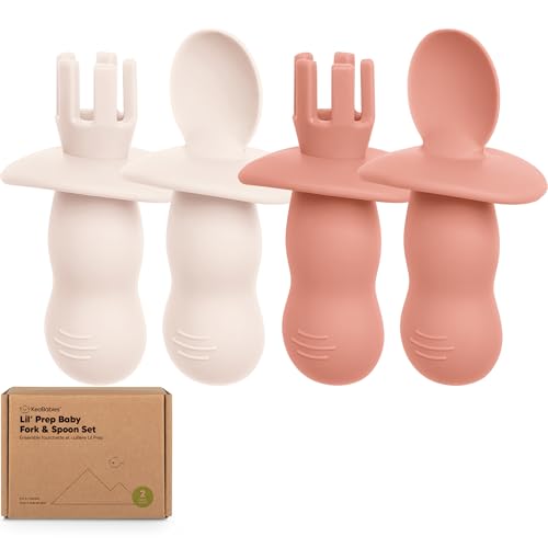 Image of KeaBabies 4-Pack Silicone Baby Spoons and Forks Set - Baby Led Weaning Utensils 6-12 Months, Self Feeding Toddler Spoon & Fork for Training, Teething, Easy to Hold, BPA-Free Silicone (Roseate)