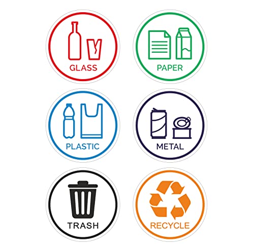 6er-Pack Glas, Papier, Kunststoff, Metall, Müll, Recycling-Schilder - selbstklebende Vinyl-Aufkleber, Recycling-Logos - umweltfreundliche Mülleimer-Schilder - 15,2 cm - für den Innen- und Außenbereich Cover