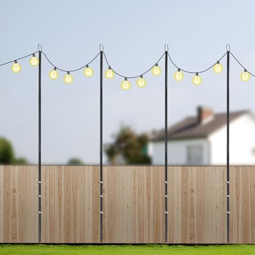 ARBGO Confezione da 4 pali per luci a catenaria, 3 m, pali per luci sospese da esterno, catena di luci da esterno con forchetta, pali in metallo regolabili per esterni, terrazza, ponte, cortile