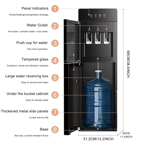 Distributeur d'eau pratique 3 en 1 avec porte-gobelet – Fontaine d'eau chaude et froide à chargement par le bas pour la maison, le bureau, le café et le thé – Solution élégante de 18 litres