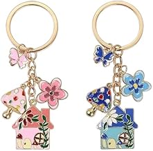 squishy 2Pcs Key Chain for Home, Butterfly Flower Mushroom House Keychain, Perfect for Housewarming Gifts, Birthday Presents, Couples Keepsakes, Key Organizer