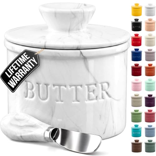 Zulay Kitchen Porcelain Butter Crock With Lid & Knife - Authentic French Butter Dish For Fresh & Spreadable Butter - Marble