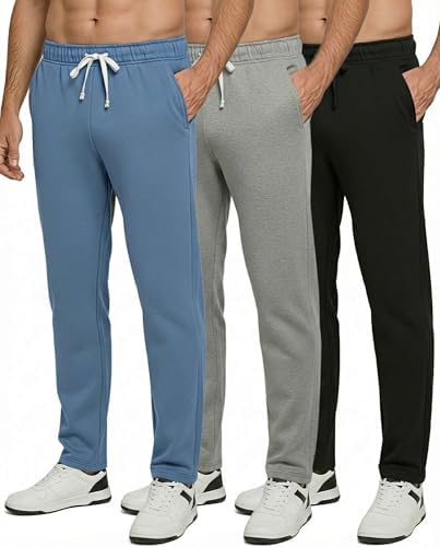 Real Essentials 3 Pack: Men's Tech Fleece Athletic Casual Open Bottom Sweatpants with Pockets (Available in Big & Tall)