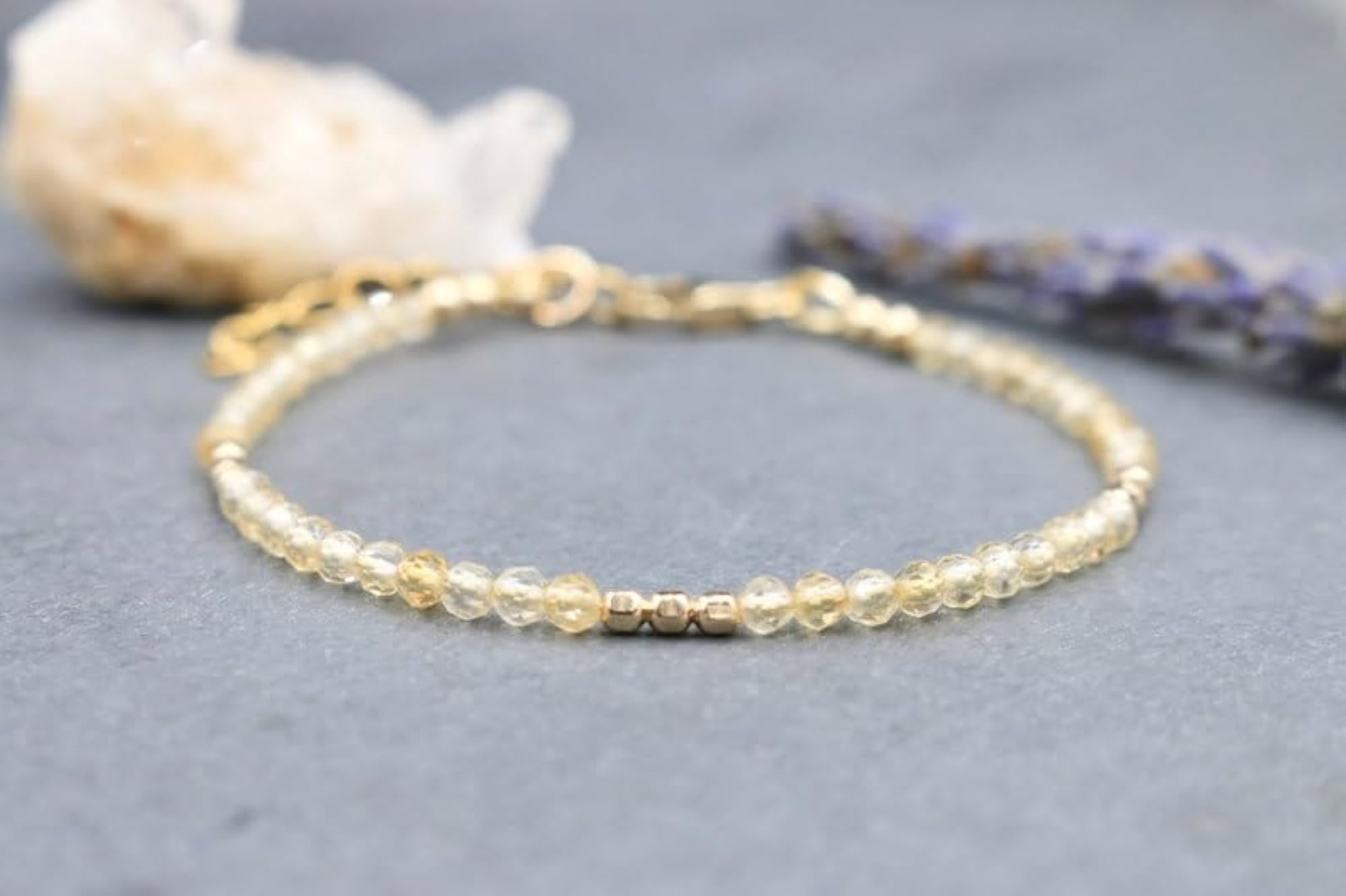 Citrine Round Beaded Bracelet with Silver Lock, Adjustable