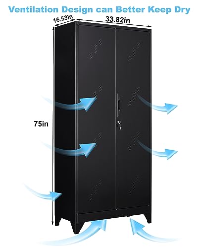 Image of 75 inch Metal Storage Cabinet with Lockable Doors, Functional Garage Storage Cabinets, Heavy-Duty Tool Organization Cabinet with Hanging Rod & S-Hooks (75 inch Utility Closet)