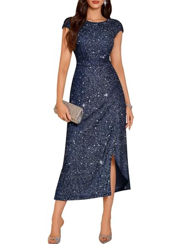 DRESSTELLS Cocktail Dress for Women, Spring Sparkly Formal Wedding Guest Evening Prom Party Sequin Mother Bride Slit Maxi Gown Dresses Glitter Navy M