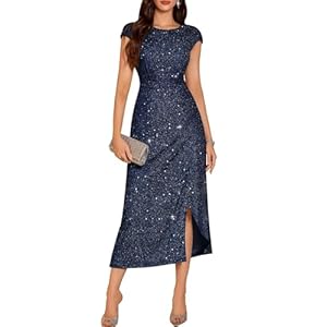 DRESSTELLS Women’s Sparkly Formal Wedding Guest Dresses, Sequin Cocktail Party Evening Prom Slit Maxi Dress