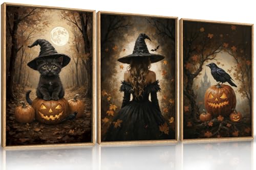 HOURIA Large Halloween Spooky Witch Black Cat Raven Framed Canvas