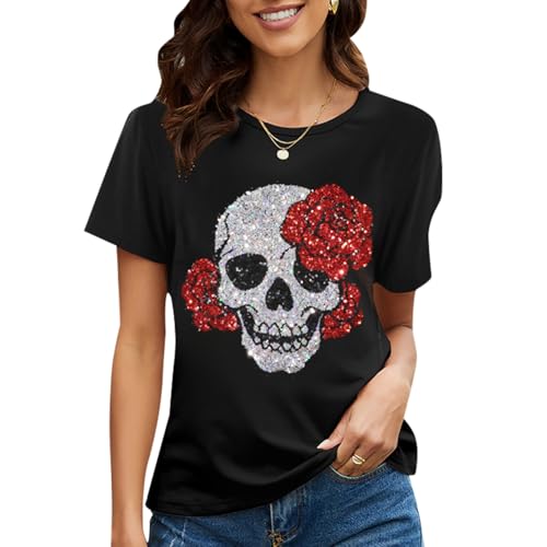 Image of PESION Womens Short Sleeve T-Shirt Sequined Tops O-Neck Funny Graphic Tees Blouse