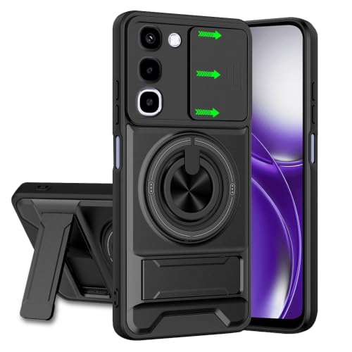 Image of Realme P4R 5G Back Cover | Armor Camera Slider 360 Degree Rotating Finger Ring Holder Case with Bracket Stand Back Case Cover (Compatible with MagSafe Accessories) (Black)
