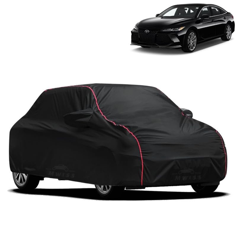 Image of Waterproof Car Cover for Toyota Avalon | All-Weather Protection, Dustproof & UV Resistant | Triple Stitched Mirror Pockets, Windproof Buckle Strap with Elastic Hem, Black-Red Piping