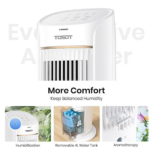 TOSOT 43\" Evaporative Air Cooler, 80° Oscillating Tower Fan with 3 Speeds, 2 Ice Packs & 4L Removable Tank, 43dB Quiet Cooling Fan, Remote Control, 7H Timer, Mist Humidifier for Bedroom - 22ft Airflow - Thumbnail 3