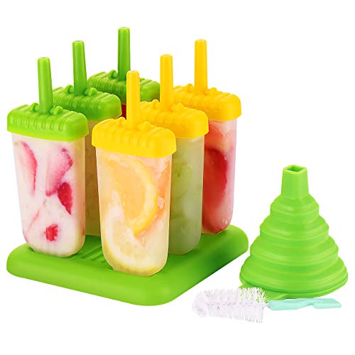 OMorc Popsicle Molds Set, 6 Pack Reusable Ice Pop Makers - BPA Free & Food Safe -with Folding Silicone Funnel and Cleaning Brush