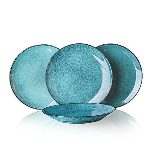 Henxfen Lead Dinner Plates Set Of 4 - Large Serving Dishes 10 Inch For Steak, Salad, Pasta - Stoneware Dinnerware Sets Dishwasher, Microwave, Oven Safe, Turquoise #TOP6