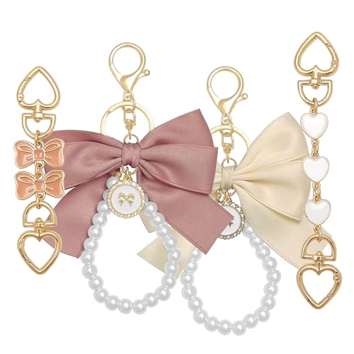 Nalefow 4Pcs Purse Extender Chain & Bow Keychain Kit - 2 Extender Chains & 2 Bow Charms - Purse Strap Extenders (Pink & White Bow)