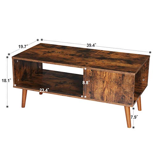 KingSo Retro Coffee Table Mid Century Modern Coffee Table with Storage Shelf for Living Room Vintage Coffee Table Cocktail Table TV Table Sofa Table Easy Assembly Wood Look Furniture, Rustic Brown