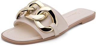 Women's Flat Sandals - Square Open Toe Single Band Fashion Slides with Metal Chain Dressy 2025 Trendy | Comfortable Slippers with Cushioned Footbed for Summer