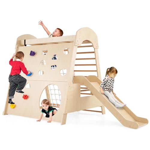 Costzon Indoor Jungle Gym, 8-in-1 Montessori Climbing Toys for Toddlers w/Climbing Wall, Crawling Hole, Net, Ladder, Monkey Bars, Swing, Slide, Indoor Wooden Playground Playset for Kids 3+ Years
