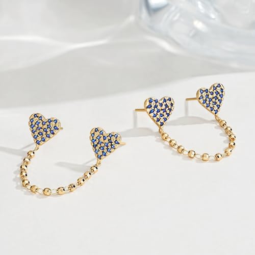FETTERO Gold Chain Earrings for Women, 14K Gold Plated Hypoallergenic Earring for Multiple Piercing, Tassel Chain Heart Pendant Double Piercing Stud Earrings | Charm Gold Earring for Women