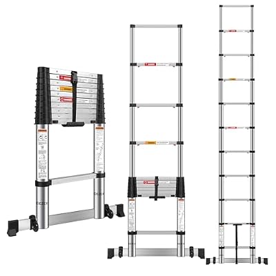 DEZEX 10.5 FT Stainless Steel Telescoping Ladders - One-Button Retraction Collapsible Extension Ladder for Home,RV,Attic,Lasts 375 LBS with Balance Bar and Wheels