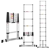 DEZEX 10.5 FT Stainless Steel Telescoping Ladders - One-Button Retraction Collapsible Extension Ladder for Home,RV,Attic,Lasts 375 LBS with...