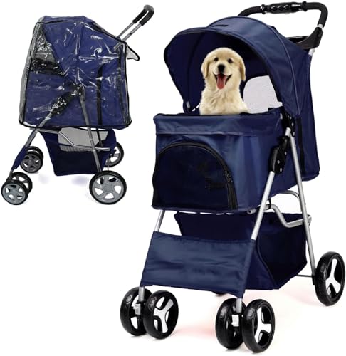 JupiterJX Dog Stroller with Rain Cover, Navy