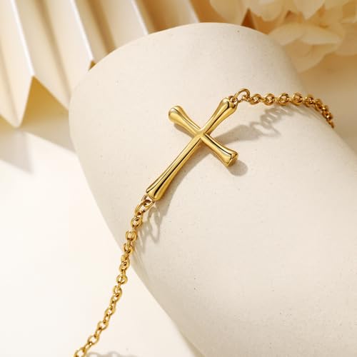 Dainty Cross Bracelet for Women, Adjustable Gold Plated Normal Style Chain 6.2 in + 1.2 in Stainless Steel3