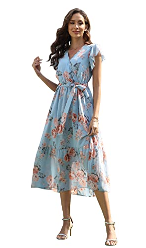 Image of VintageClothing Womens Sundress Casual Floral Summer Boho Dress | Flowy Wrap V Neck Ruffle A-Line Pleated Hem Midi Dresses