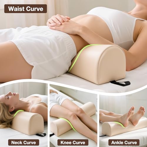 Image of Noverlife 3 /4 Round Knee Bolster for Massage Table, 26x6x6 in Massage Pillow for Legs w /Strap Handle, PU Leather Massage Table Leg Bolster Massage Therapy Bolster Pillow for Back Pain Relief - Beige