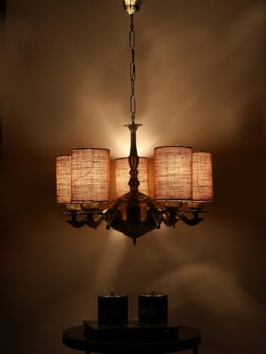 Image of Devansh 05 Lights Beige Jute Round Shade with Antique Golden Chandelier