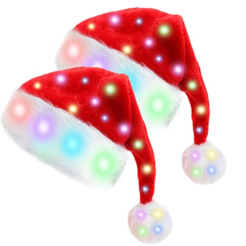 LED Plüsch-Weihnachtsmütze, 2 Stück Weihnachtsmütze...