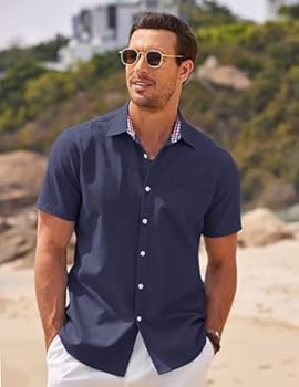 COOFANDY Herenoverhemden met korte mouwen en korte mouwen, slim fit, zakelijke casual shirts, werkshirt, zomeroverhemden met knopen, Donkergrijs, M