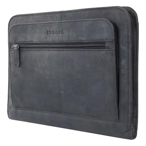 STILORD 'Elton' Dokumententasche Leder Konferenzmappe A4 Schreibmappe 13,3 Zoll Aktenmappe Große Dokumentenmappe mit Reißverschluss Vintage Echtleder, Farbe:Carbon - grau