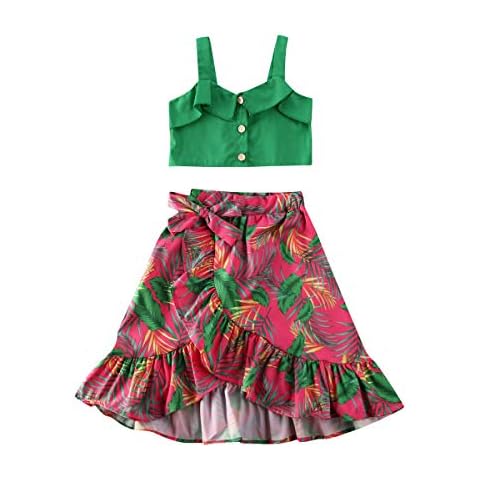 BOEBNOZCV Toddler Baby Girl Strap Banana Leaf Print Strappy Cold Shoulder Cropped Top + Long Skirts Outfits Clothes Set (Maxi Green, 3-4 Years) Cover