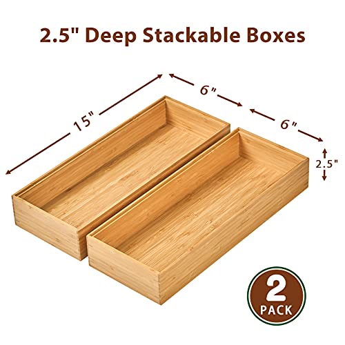 Bamboo Kitchen Drawer Organizer Boxes With Anti-Skid Silicone Feet, 2Pcs Stackable Storage Bins For Kitchen Utensils & Silverware & Desk Drawer & Makeup, Tools Holder, 15”L X 6”W X 2.5”D Each #TOP1