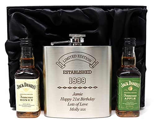 Personalised Engraved Silver Hip Flask & Miniature - Established Birthday Design - 21st Birthday | 30th Birthday | 40th Birthday | 50th Birthday | (Jack Daniel's Apple & Jack Daniel's Honey)